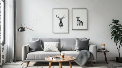 /imagine: prompt living room with gray sofa, coffee table, plant, lamp, and two deer framed prints on the wall photo