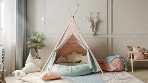 A teepee tent for children to play in, decorated in a modern style with pastel colors.