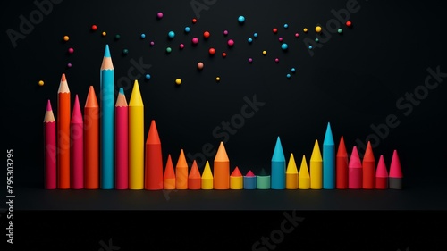 Colorful pencils and scattered tips on dark background, vibrant and creative for education or art themes.