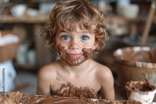 A cute boy with curly hair smirking with a chocolate spread on his face