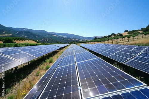 Solar panels stretch across green landscape under blue sky  renewable energy themes.