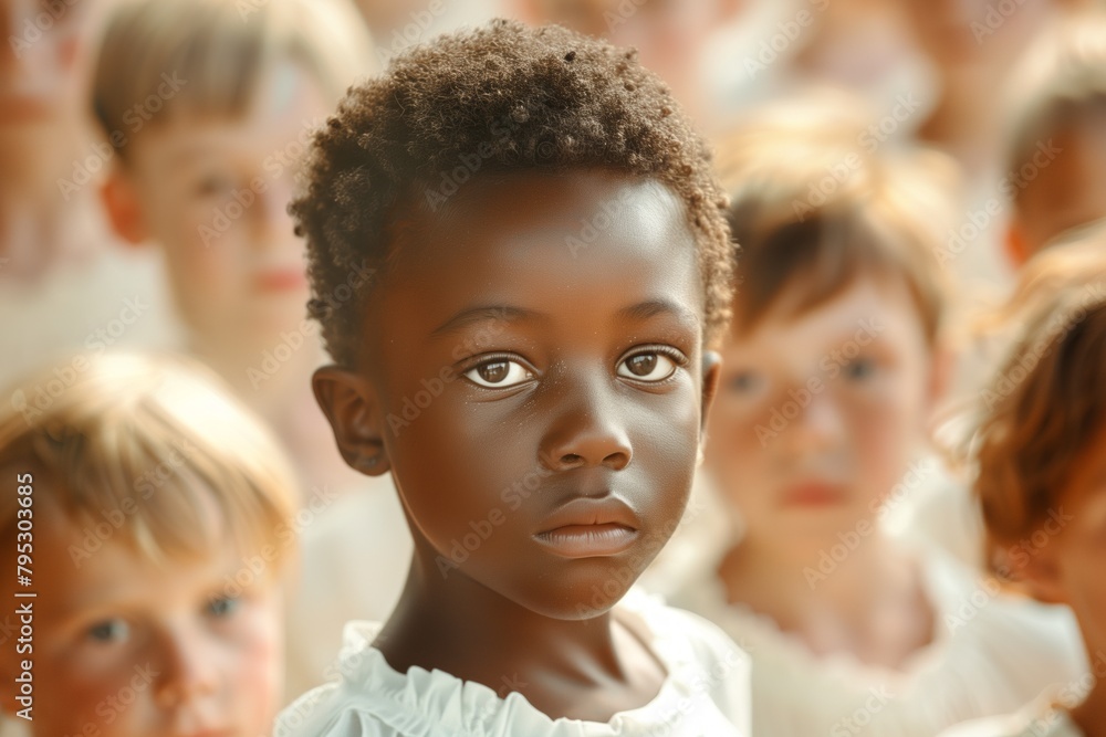 Black African-American child among white-skinned people in a team, contrast race ethnic contrast relationships Black African-American child among white-skinned people in a team, contrast race ethnic contrast relationships
