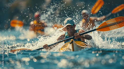 A group of male athletes participating in canoeing or kayaking competitions at the Olympic Games, water sports. canoeing. Olympics in France 2024 photo