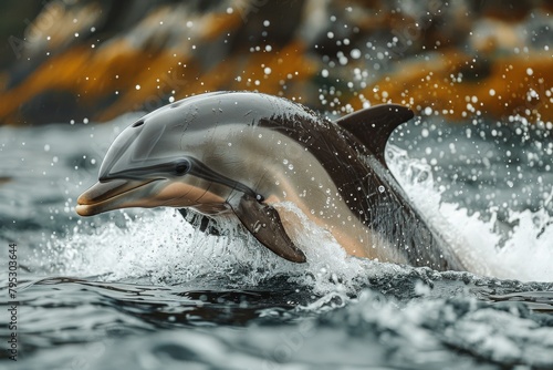 Stunning capture of a dolphin energetically jumping out of the sea with a splash © Larisa AI