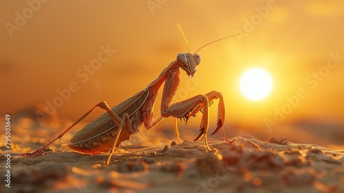 A praying mantis standing on a rock in the desert at sunset. photo