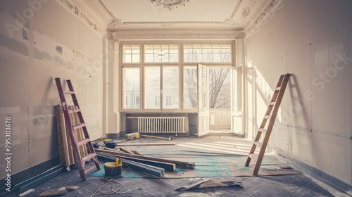Apartment undergoing renovations, capturing the progress and transformation. Copy Space.