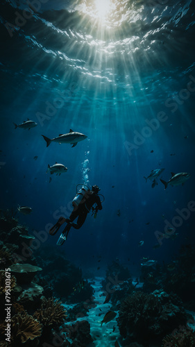 World Ocean Day Deep Blue Ocean Diver and Fishes Background © Ghozi