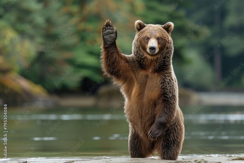 A brown bear stands erect, arms wide, in a natural landscape
