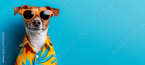 Stylish canine in vibrant hawaiian shirt and trendy orange sunglasses for a fashionable look photo