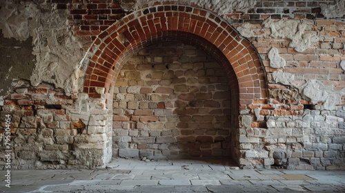 brick wall with a natural stone archway, in a rustic and earthy setting, copyspace