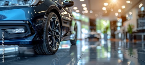 Luxury black car displayed in modern showroom for sale and rental business opportunities © Ilja