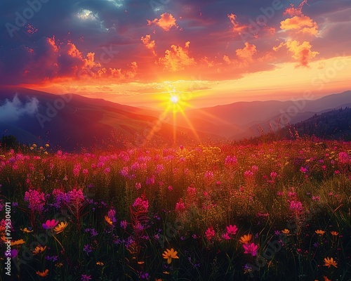 A beautiful sunset over a field of flowers with mountains in the distance.