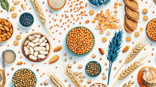 A variety of grains and legumes are arranged on a white background. photo