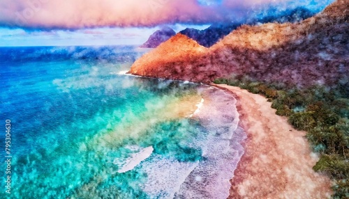 Sea, river, beautiful sea, rainbow colors, watercolor, Generative AI
