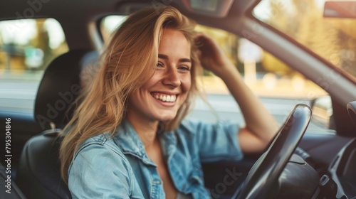 A woman driving her car with a smile, Close up portrait of female with glad enjoying travel