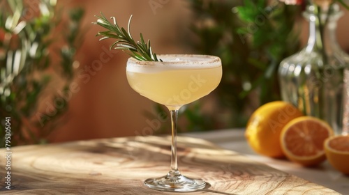 A cocktail featuring Rangpur, sour mix, and Meyer lemon juice in a coupe glass on a table, showcasing the beautiful stemware and drinkware.