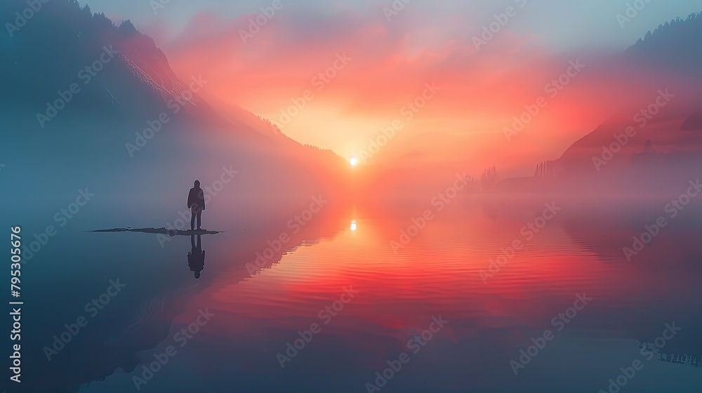 A misty lake at sunrise with a lone figure standing on a rock in the foreground.