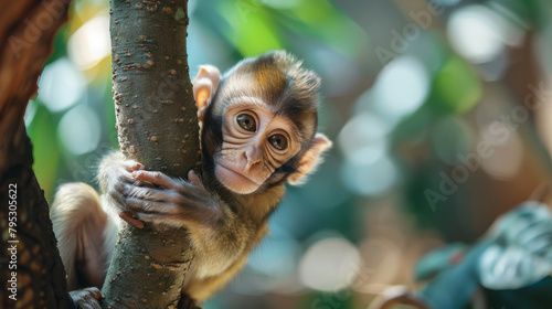 A baby monkey is climbing on a tree photo