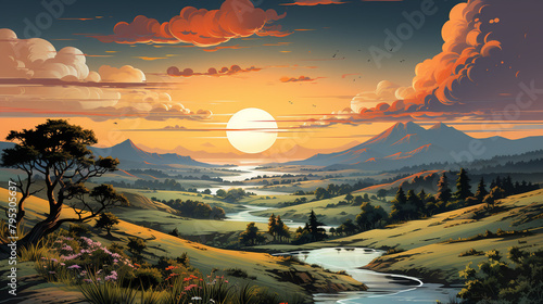 A serene countryside scene with rolling hills and a gradient-filled sky painted with sunset hues.