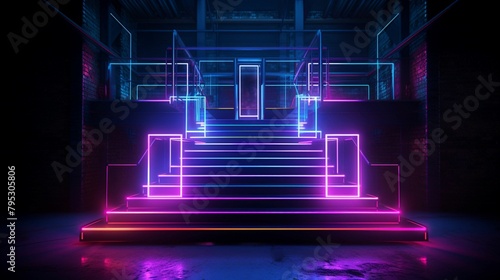 Luminous Ascent: 3D Rendered Neon Glowing Industrial Style of Staircase, Creating a Spectacular Fusion of Light and Urban Architecture