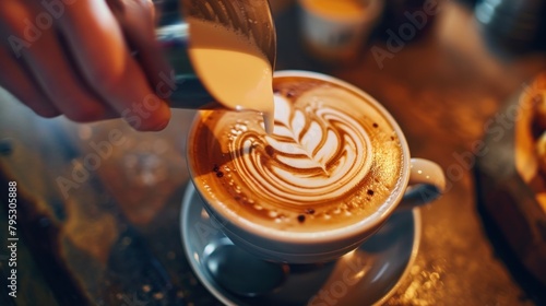 Barista creating latte art in the form of a rose. Copy space