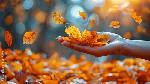A hand holding a handful of fallen leaves with a blurred background of fallen leaves in warm colors.