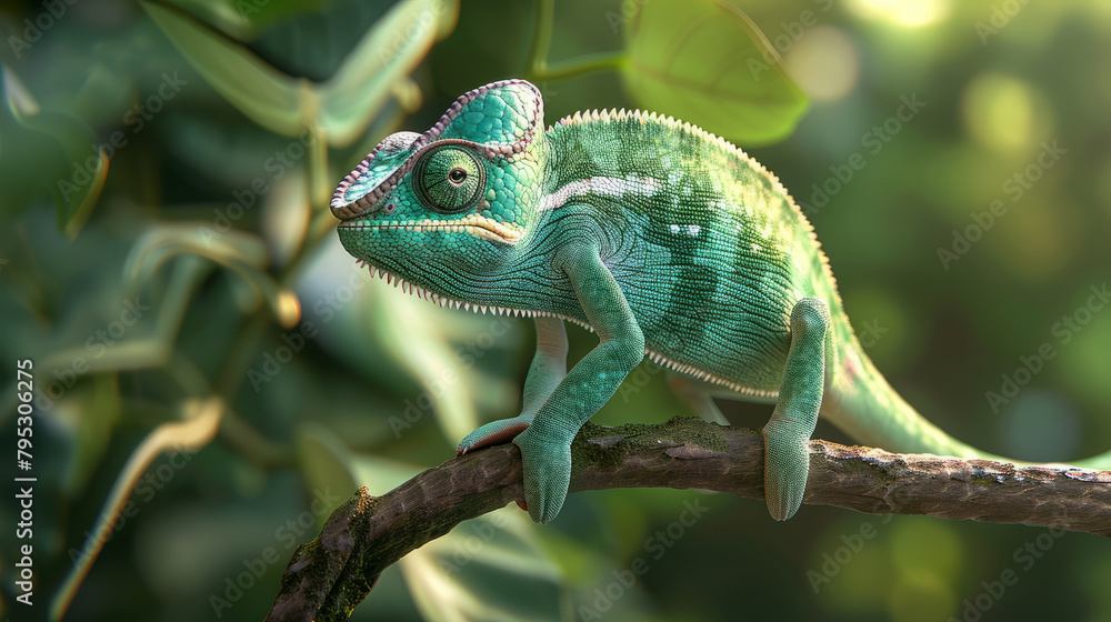Fototapeta premium Green chameleon sitting on a branch