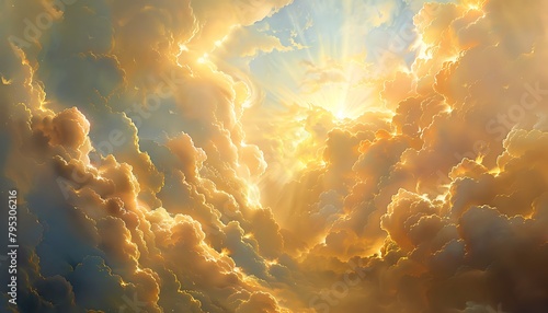 Capture the ethereal radiance: celestial clouds, golden sunbeams, divine light, spiritual hope