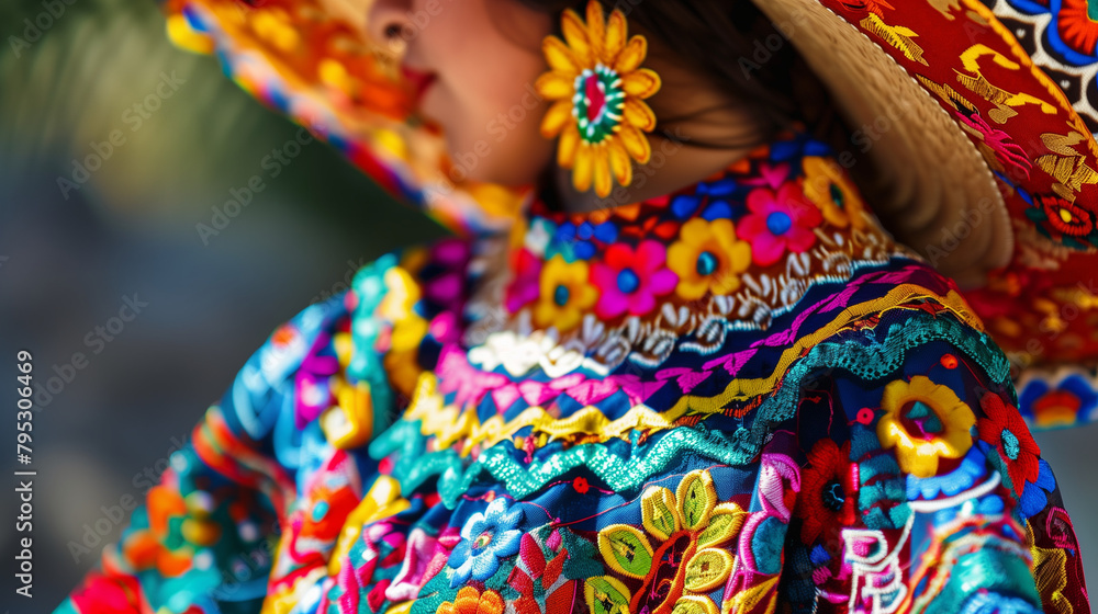 Cinco de Mayo Celebration: Authentic Mexican Clothing and Folkloric Dresses. Generative AI.