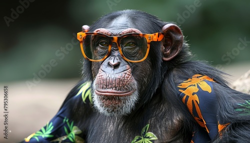 Fashionable chimpanzee in vivid hawaiian shirt and stylish orange sunglasses, exuding trendy vibes photo