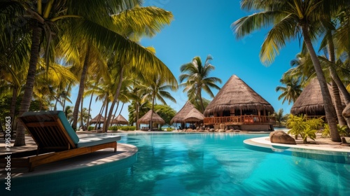 A tropical oasis pension with palm trees, hammocks, and crystal clear waters