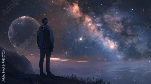 Surreal lonely man standing behind with big moon , stars and universe background.