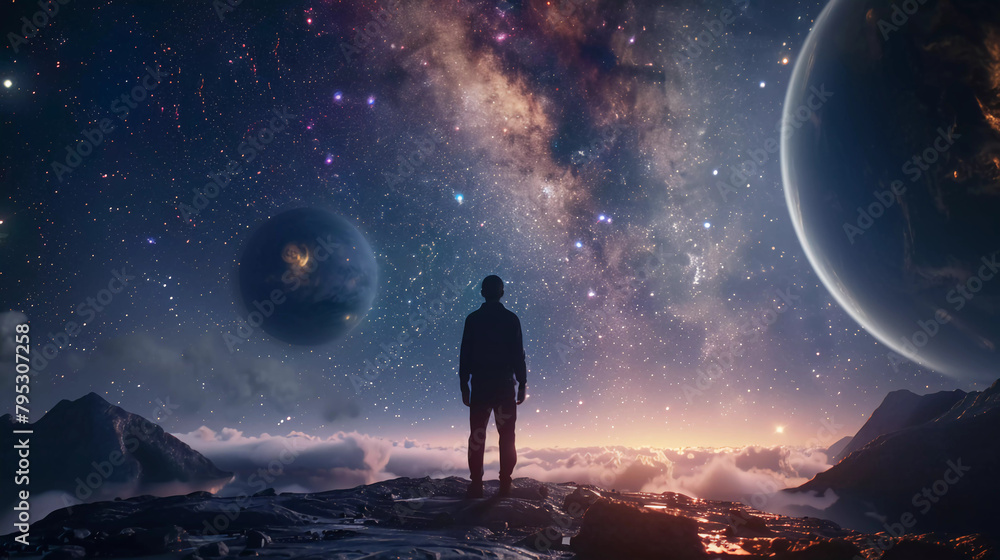Surreal lonely man standing behind with big moon , stars and universe background. Surreal lonely man standing behind with big moon , stars and universe background.