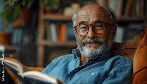 Happy older senior man wearing glasses reading book relaxing sitting on couch at home library. mature aged retired man enjoying casual daily activities photo