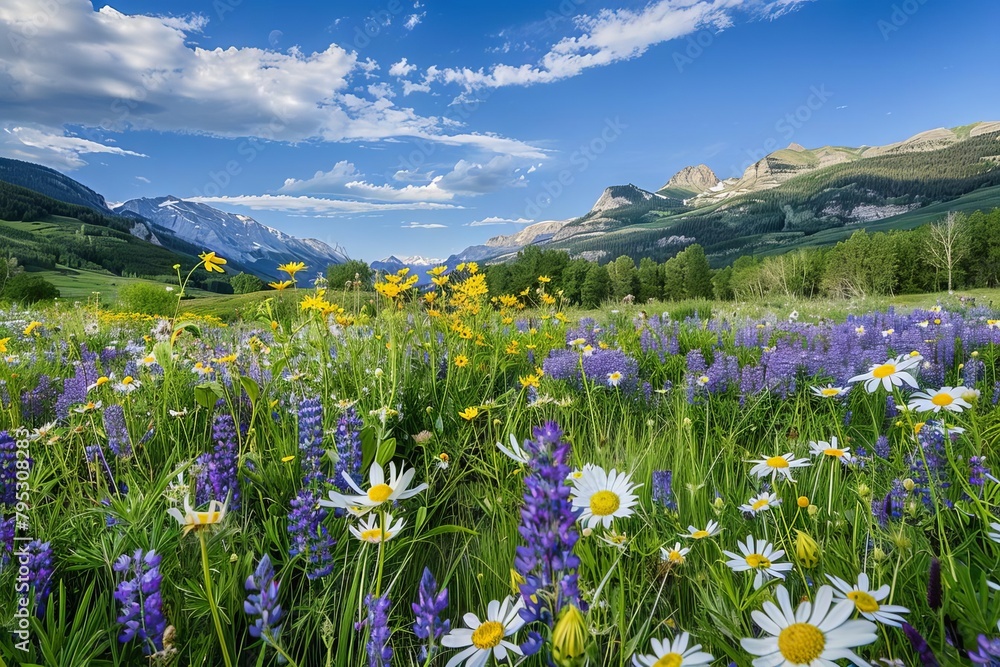 aweinspiring wildflower meadow with majestic mountain backdrop and vivid sky breathtaking landscape photography