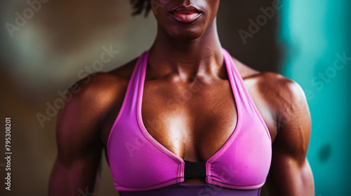 A bodybuilder woman in a purple sports bra is displaying her strong muscles in her arms, chest, and abdomen during a competition event photo