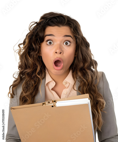 Shocked woman holding documents, with her mouth open, isolated