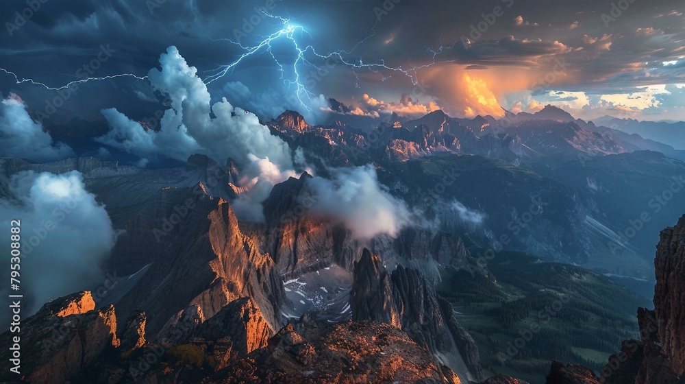 A dramatic thunderstorm viewed from a high mountain