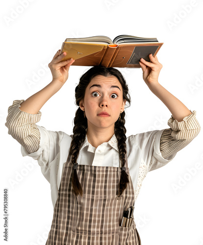 Woman in Checkered Blouse holding a book over her head