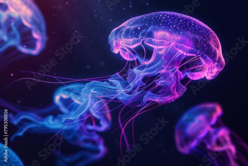 bioluminescent jellyfish floating in deep sea abyss surreal neon colors on black background 3d illustration © furyon