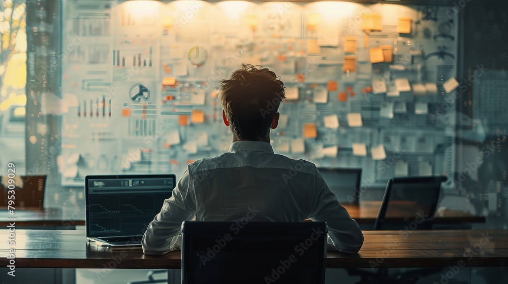 A man sits at his desk looking at a large board with sticky notes on it. A man sits at his desk looking at a large board with sticky notes on it.