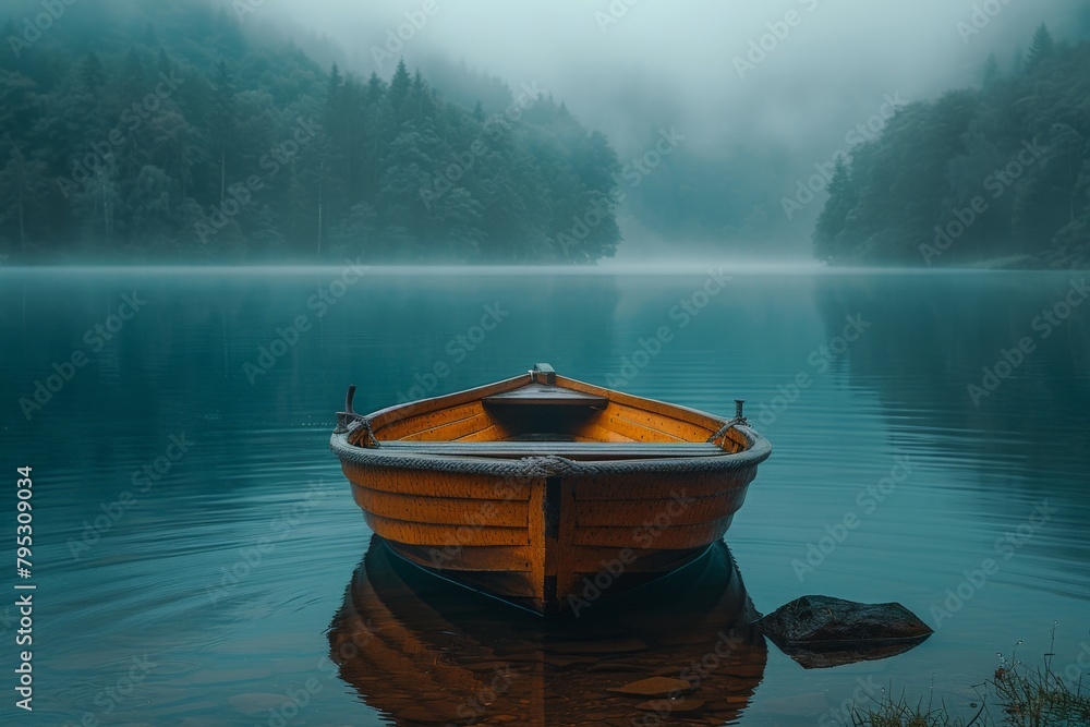 Fototapeta premium A serene misty lake scene with a solitary wooden rowboat tethered gently on the clear, calm waters against a backdrop of dense forest
