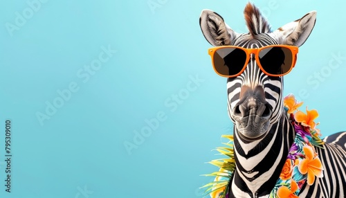 Zebra in trendy attire  orange sunglasses and colorful hawaiian shirt for a stylish look
