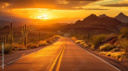 A desert road with cactus silhouetted against a sunset © Cloudyew