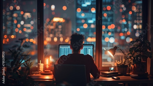 A man sits at his desk in a dark room, illuminated by the light of his computer screen © Seksan