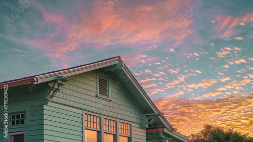 Rear angle of a mint green craftsman cottage with a parapet roof, during a serene sunset, the sky painted with hues of pink and orange, highlighting the peaceful end to a day. photo