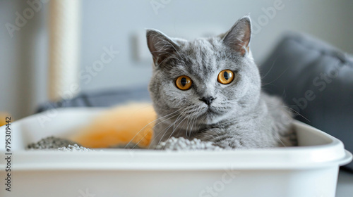 Cute British Shorthair cat in litter box at home