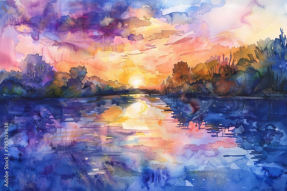 breathtaking sunset reflecting on a tranquil river creating a serene and romantic atmosphere watercolor painting breathtaking sunset reflecting on a tranquil river creating a serene and romantic atmosphere watercolor painting