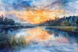 breathtaking sunset reflecting on a tranquil river creating a serene and romantic atmosphere watercolor painting