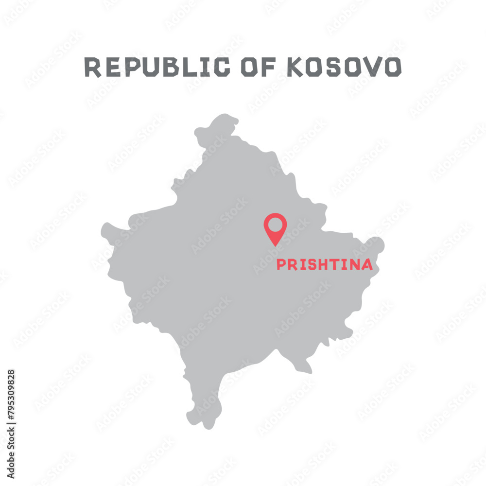 Republic of kosovo vector map illustration, country map silhouette with mark the capital city of Republic of kosovo inside isolated on white background. Every country in the world is here
